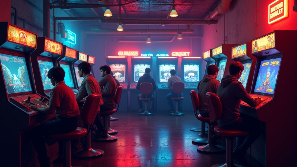 Joueurs nostalgiques profitant de machines arcade dans un cadre rétro.