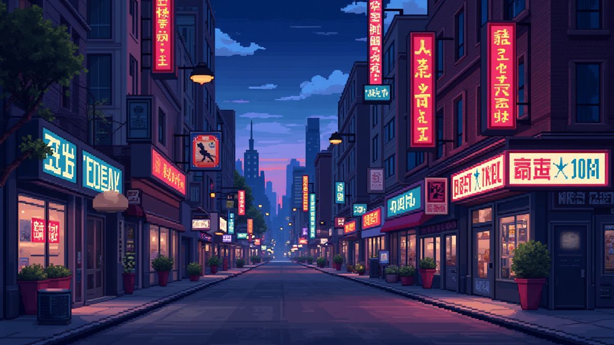 Szene einer urbanen Straße im Pixel-Art-Stil mit Neonlichtern.