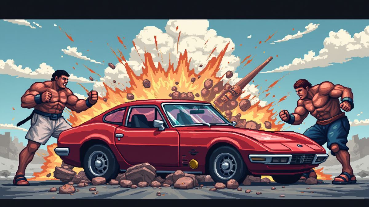 Ein Auto, das von Street Fighter-Charakteren im Pixel-Art-Stil zerstört wird.
