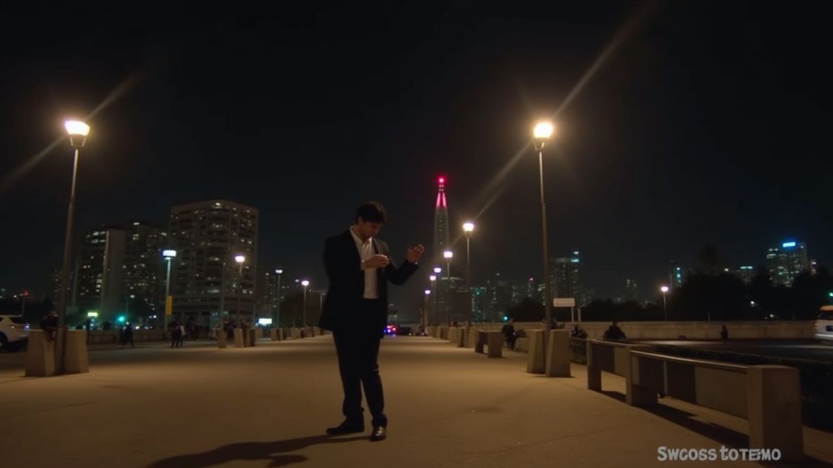 Un mago urbano realizando trucos bajo las luces de la calle.