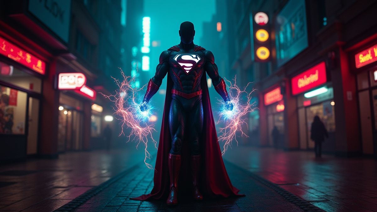 Una calle urbana iluminada con luces de neón y un héroe con ondas de energía.