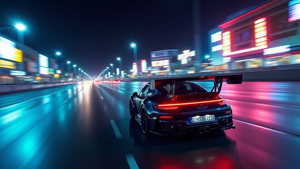 Racing car moving down a street illuminated with neon lights.
