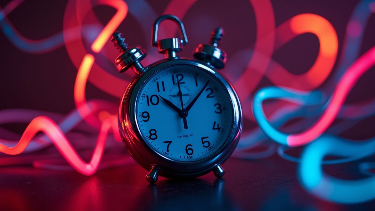 Bright stopwatch surrounded by neon lights.