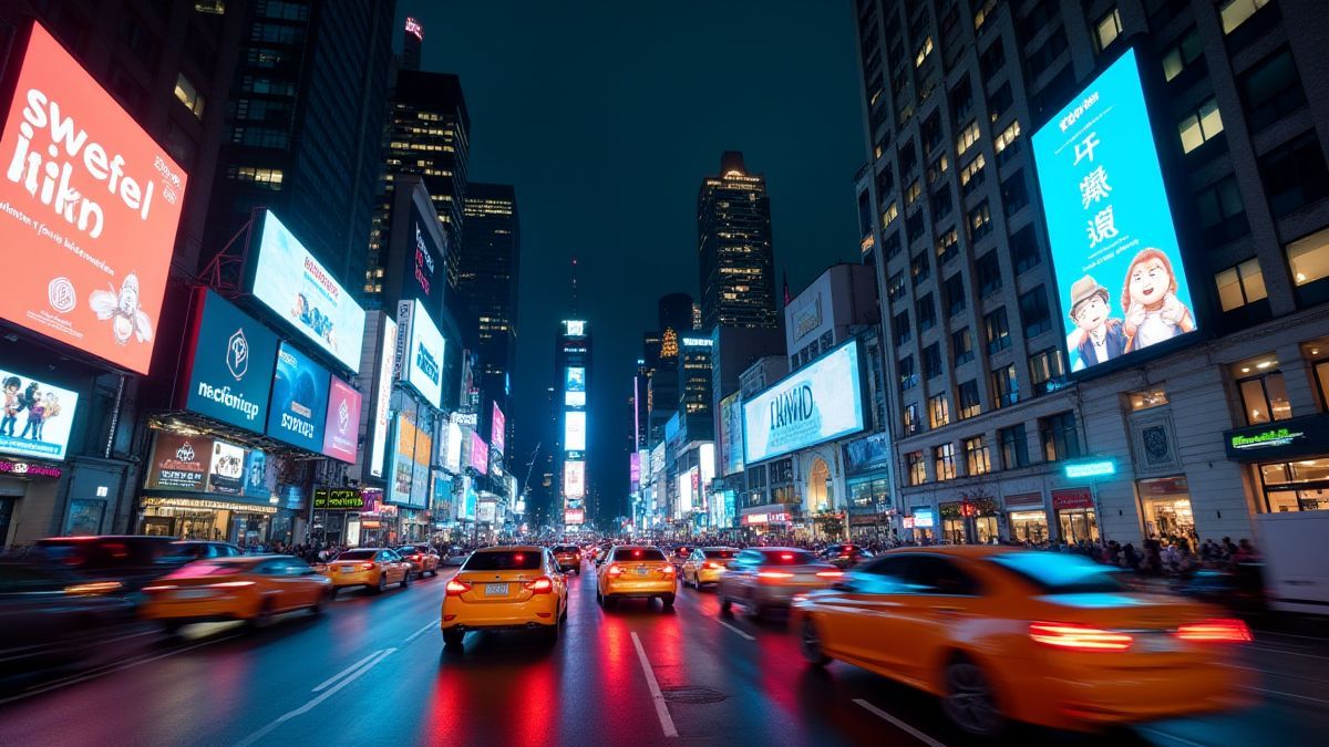 City full of nightlife with cars competing under bright billboards.