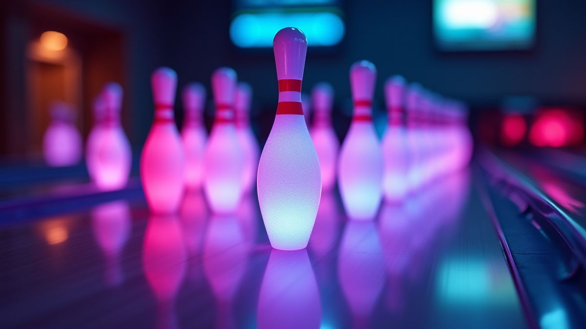 Bowling pins glowing with energy on a futuristic bowling alley.