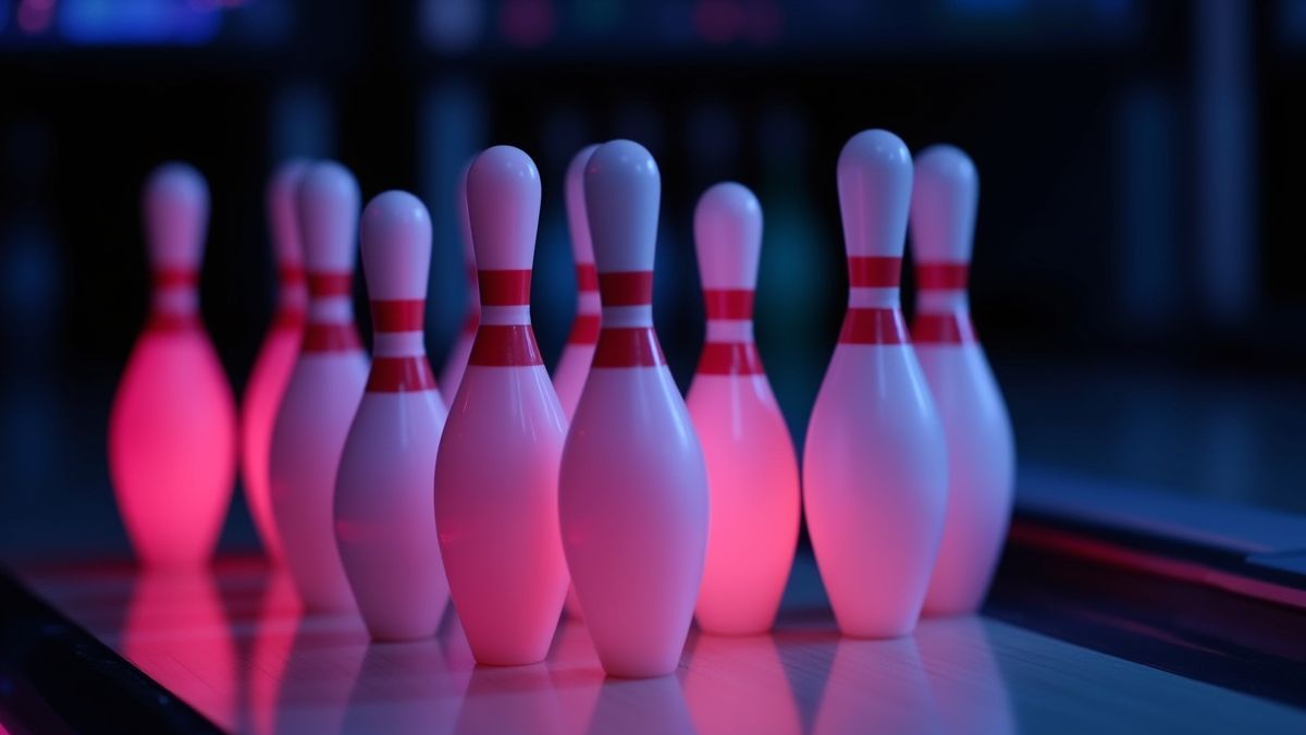 Glowing bowling pins being stacked on a scoreboard.