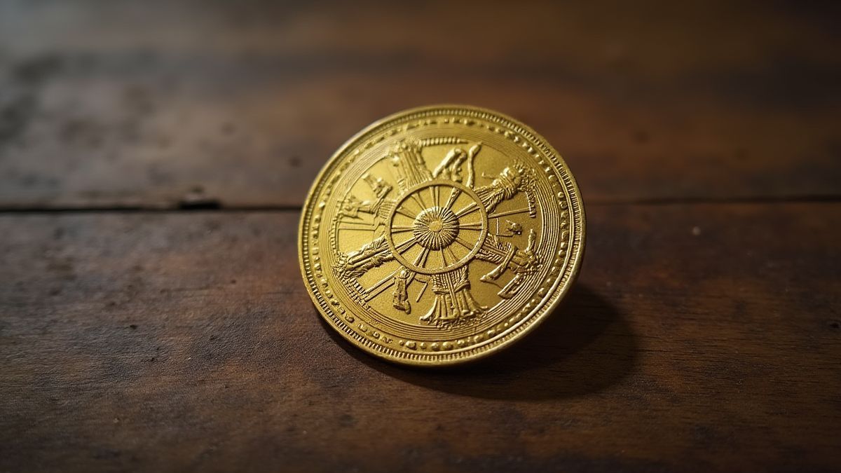 Vintage gold coin on a wooden table.