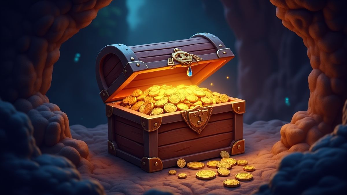 Treasure chest filled with coins and jewels in a magical cave.
