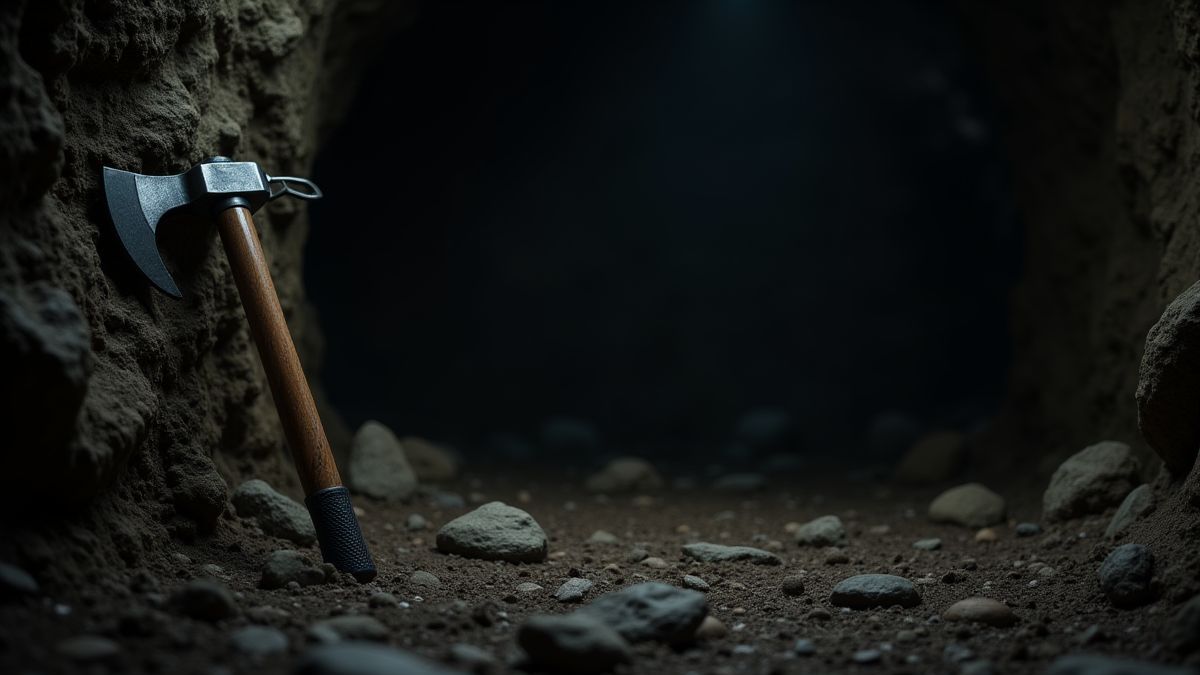Miner's pickaxe leaning against a rock wall in a cave.