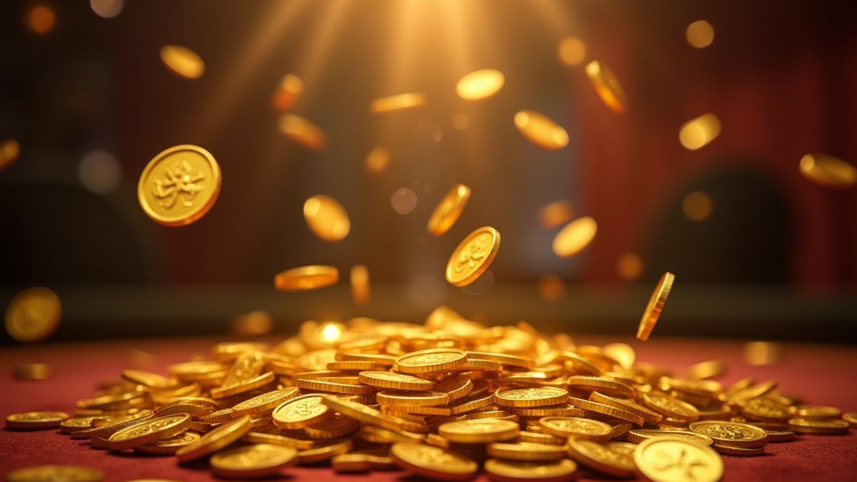 Monedas doradas cayendo en un casino.
