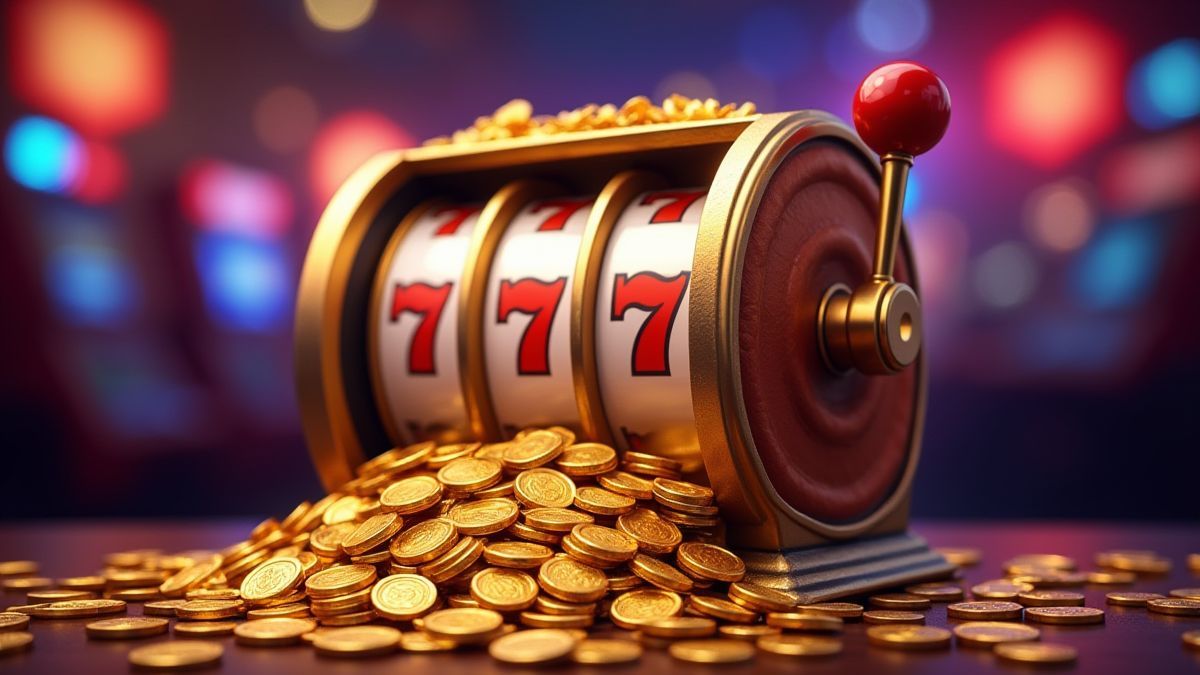 Una tragamonedas clásica con luces brillantes y monedas doradas cayendo.