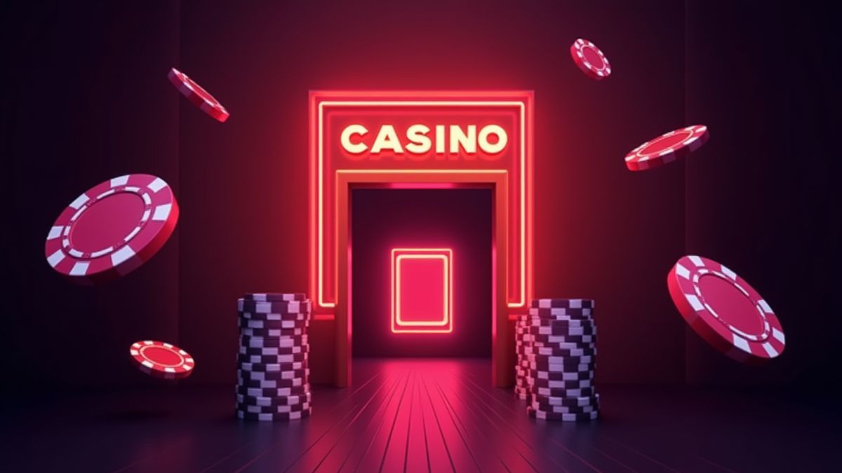 Entrada de um casino iluminada com luzes de néon e símbolos de tragamonedas.