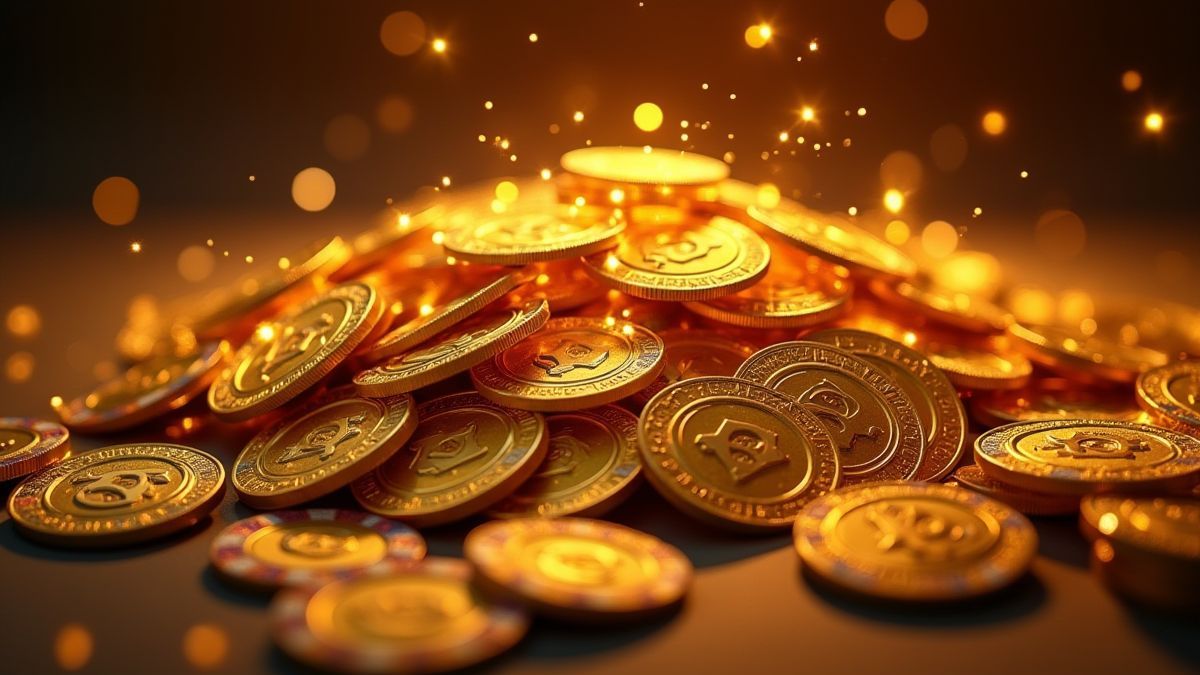 Montão de moedas de ouro e fichas de pôquer brilhando.