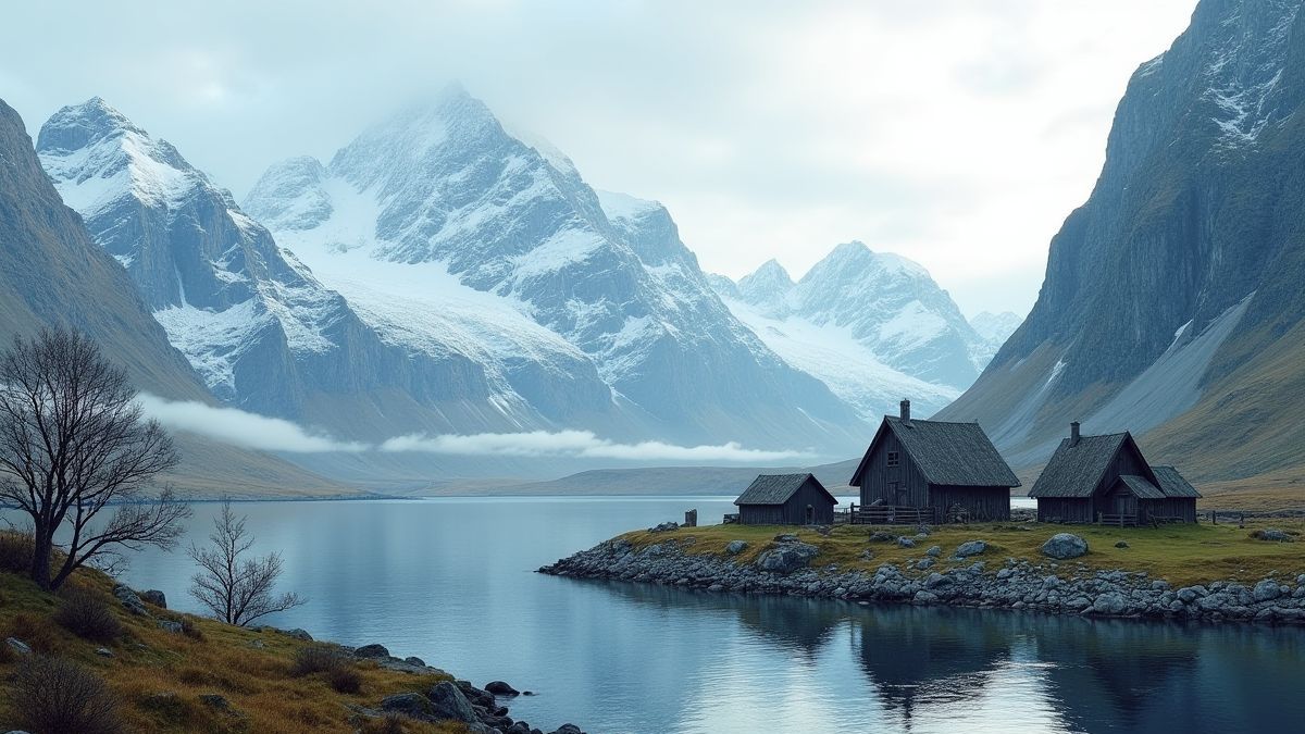 Uma aldeia viking junto a um fiorde com montanhas nevadas ao fundo.
