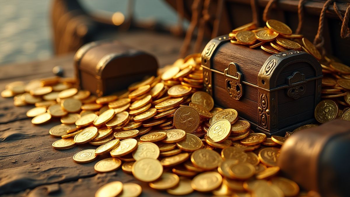 Moedas de ouro e cofres de tesouros em um barco viking.