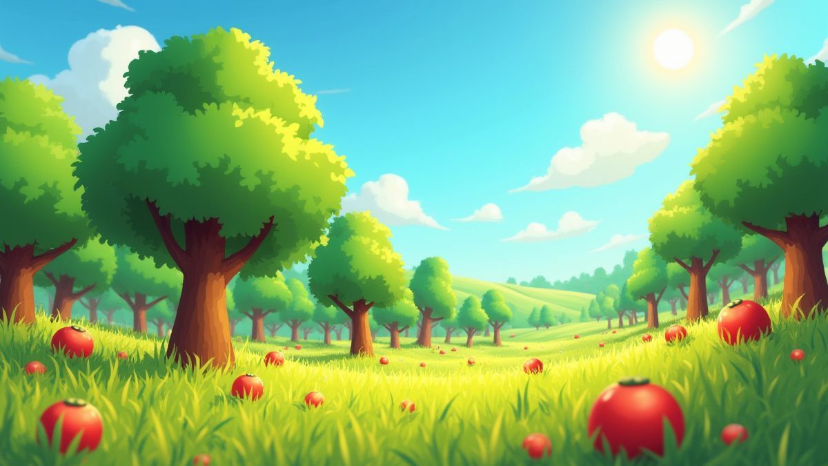 Landschaft von einem Feld mit Bäumen und Früchten in Würfelform.