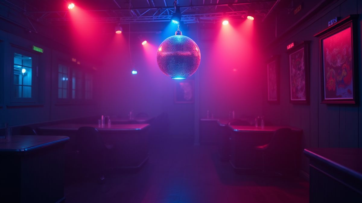 Neonlichter und Discokugel in einem festlichen Ambiente.