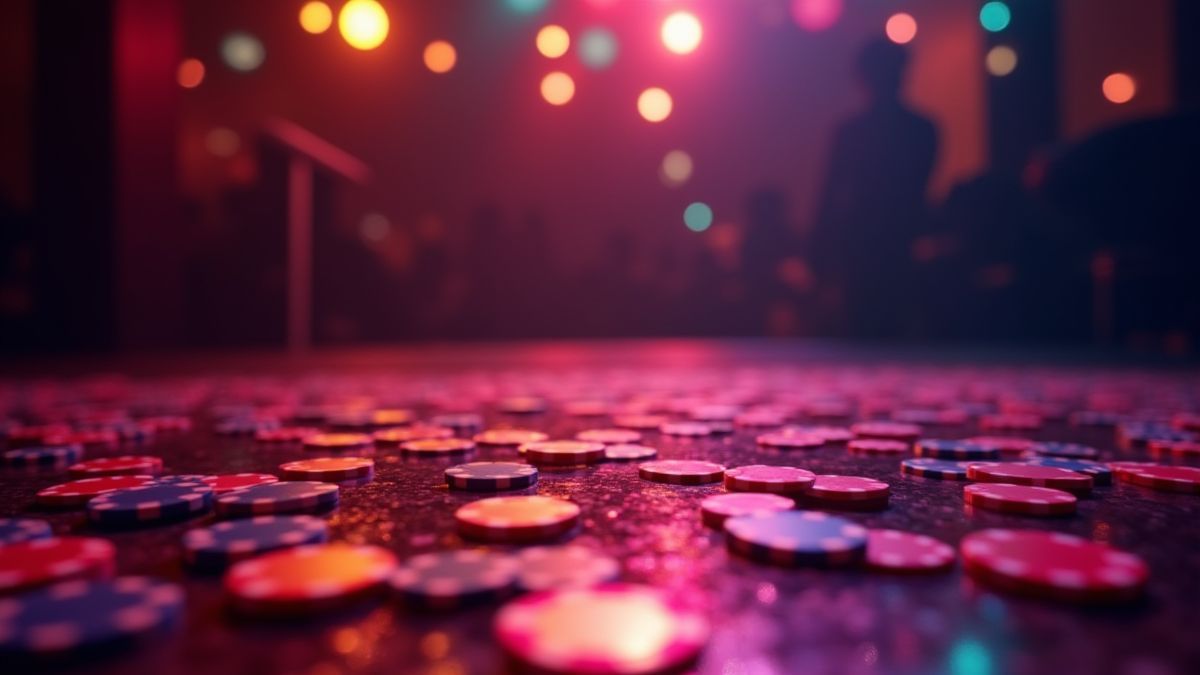 Leuchtende Casinochips und Münzen auf einer Tanzfläche.