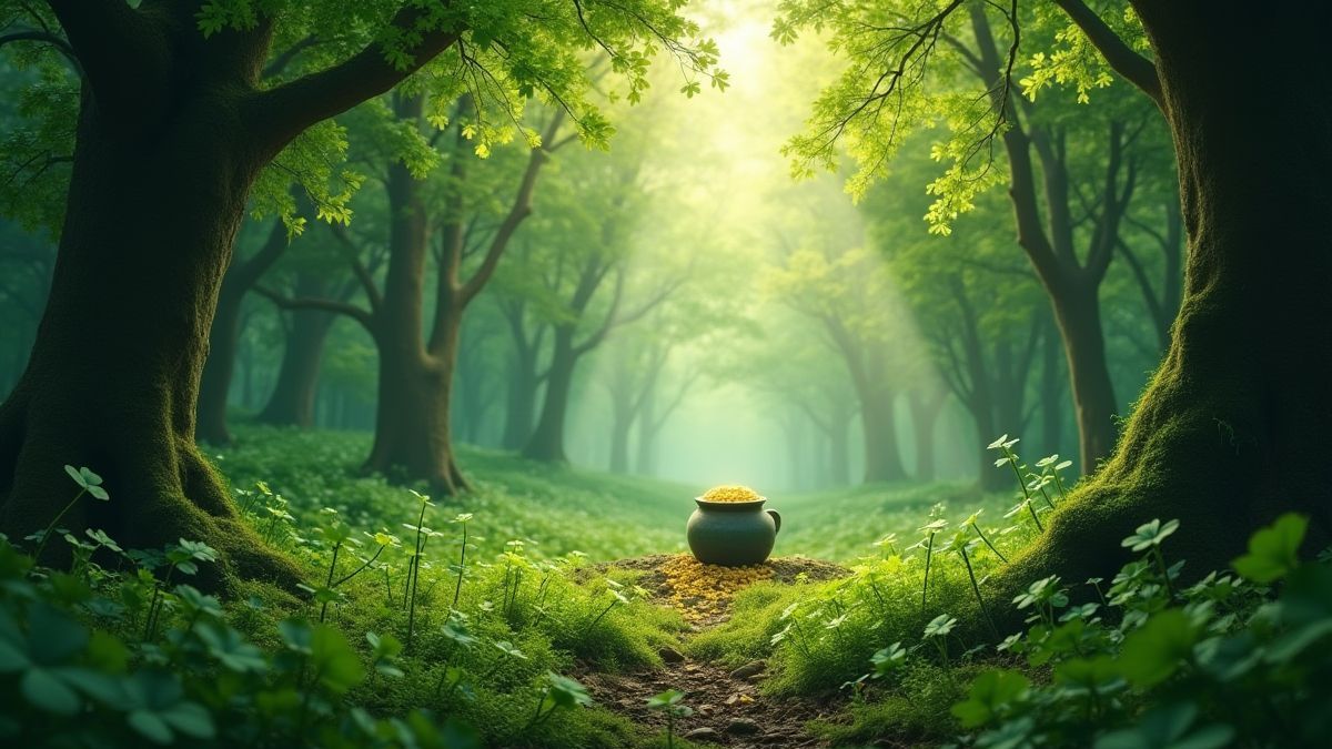 A magical Irish forest with clovers and a pot of gold under a rainbow.