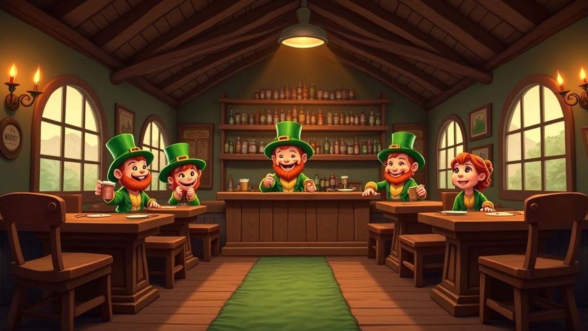 Interior of an animated Irish pub with wooden furniture and cheerful leprechauns.