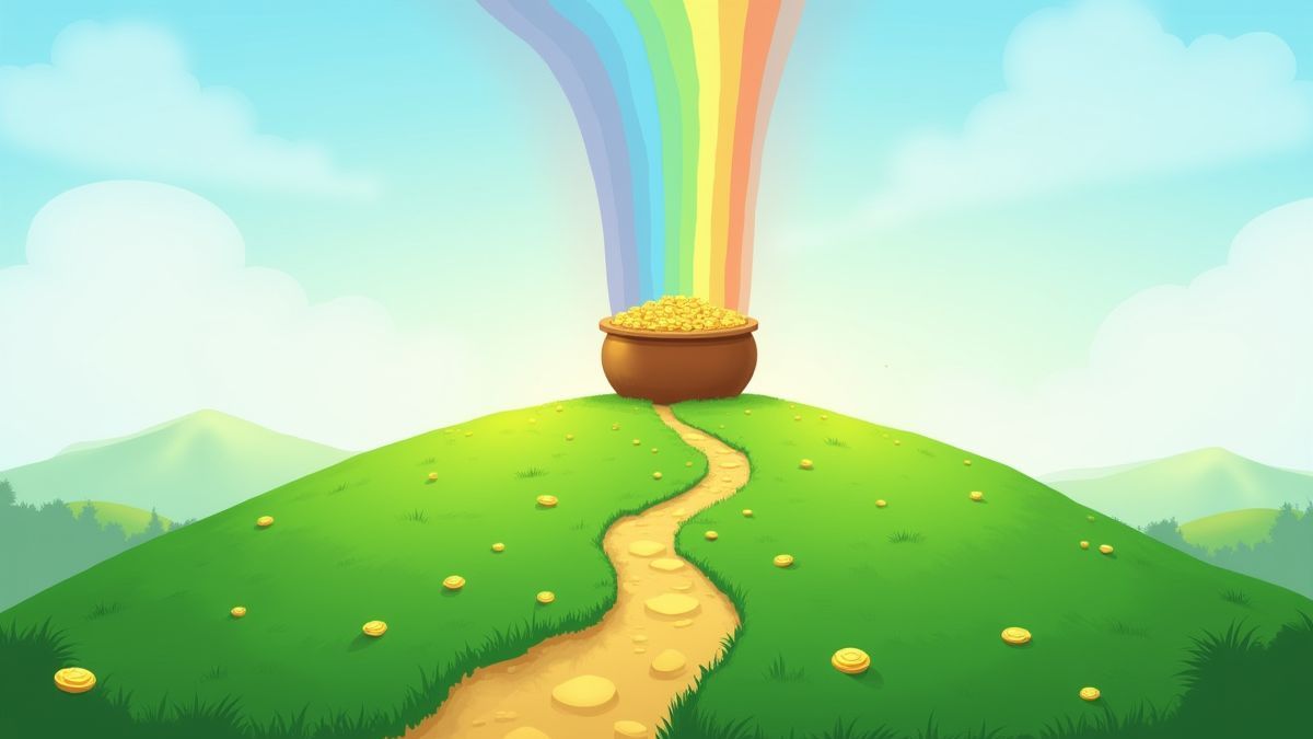 A cauldron full of gold under a rainbow on a green hill.