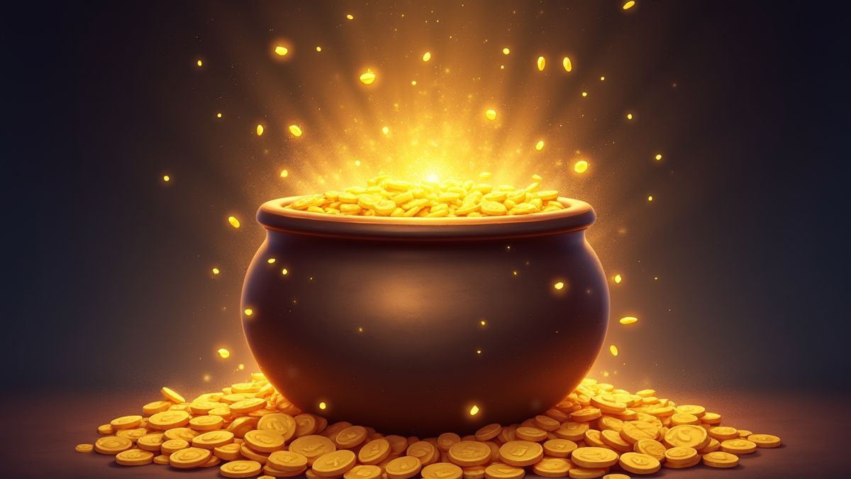 A golden cauldron surrounded by gold coins and magical sparkles.
