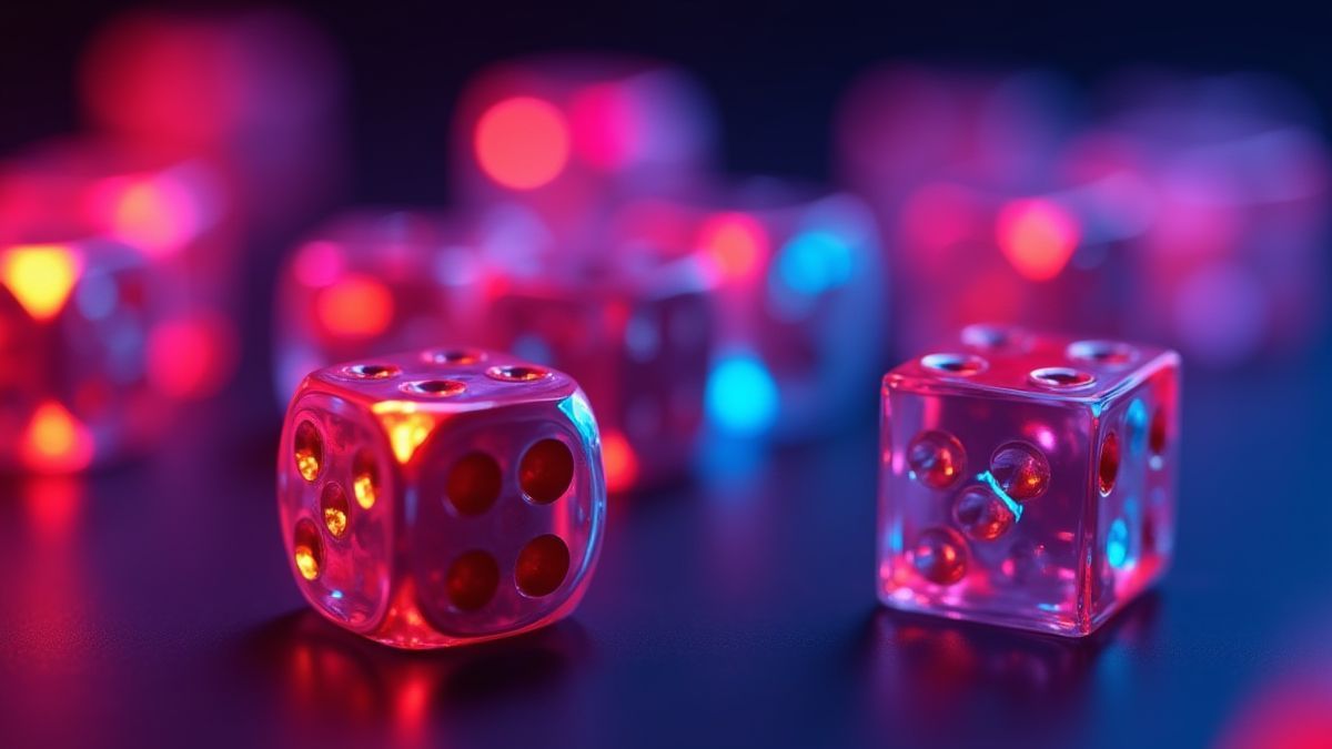 Een dobbelsteenthema achtergrond met levendige neonkleuren.