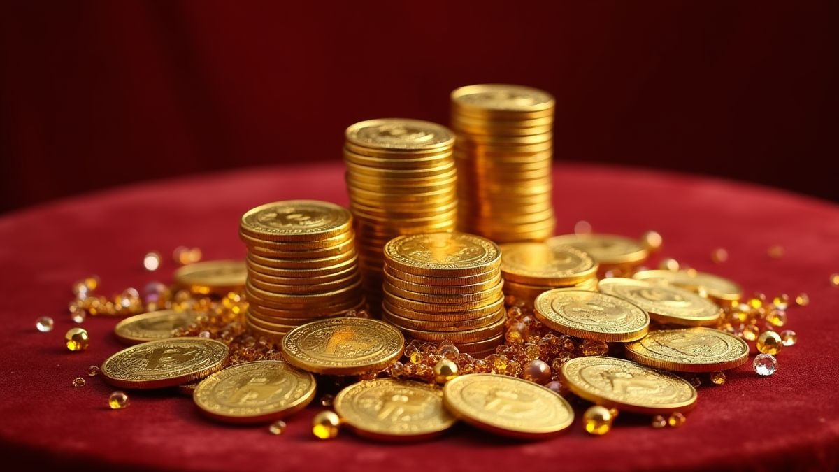 Montones de monedas doradas y joyas brillantes sobre una mesa de terciopelo.
