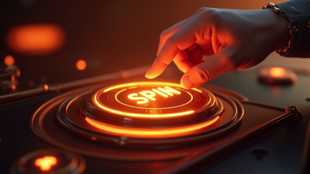 Mano de un jugador presionando un botón de giro brillante en una interfaz de slot lujosa.