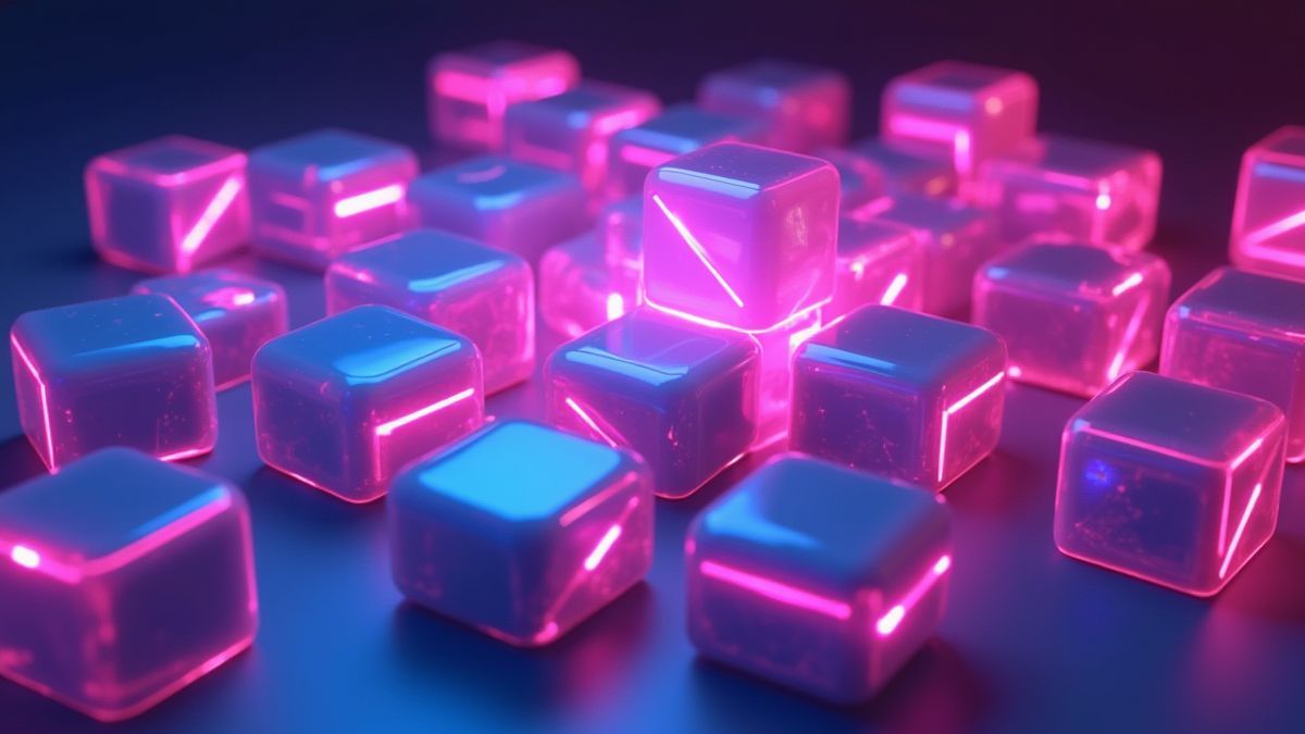 Cubos tridimensionales brillando en un entorno futurista iluminado por luces neón.