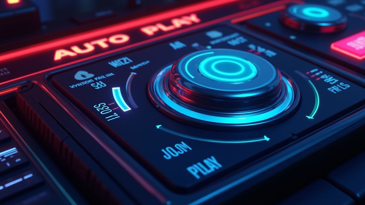 Panel de control futurista con configuración de autoplay en un diseño moderno.