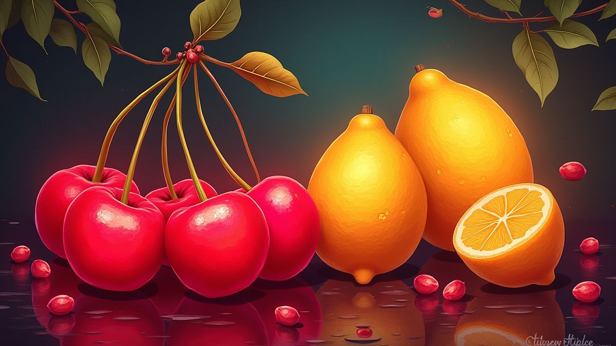 Bright cherries and lemons on a retro background