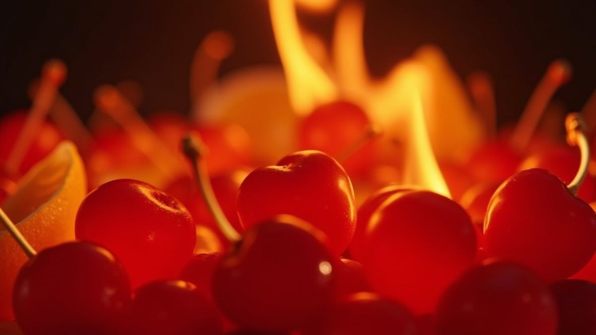 Bright cherries and lemons surrounded by fire