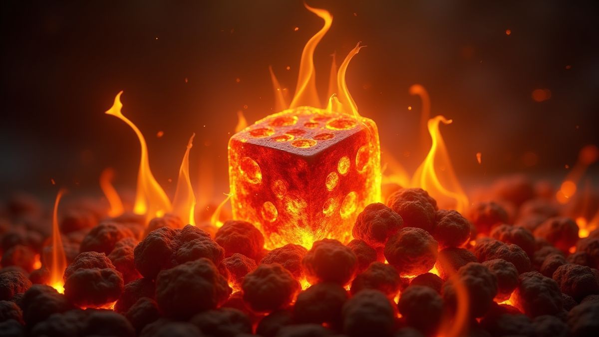 Dados em chamas rodeados de brasas brilhantes.