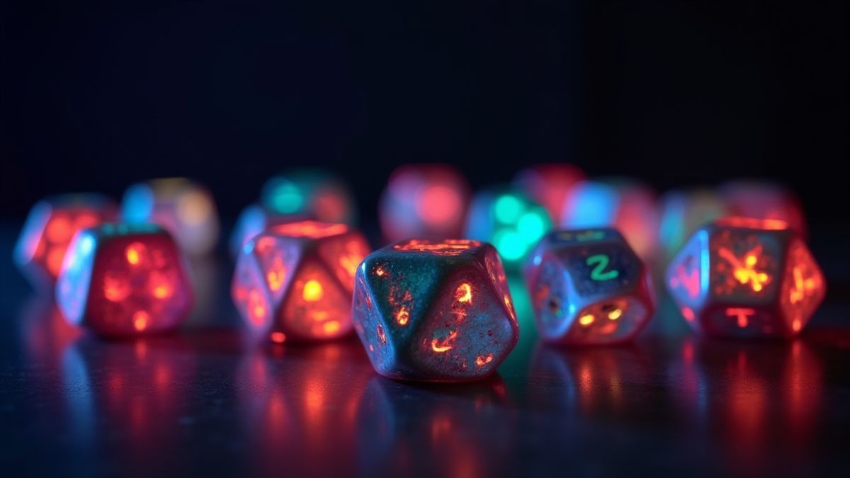 Dados de cores com bordas brilhantes contra um fundo escuro.