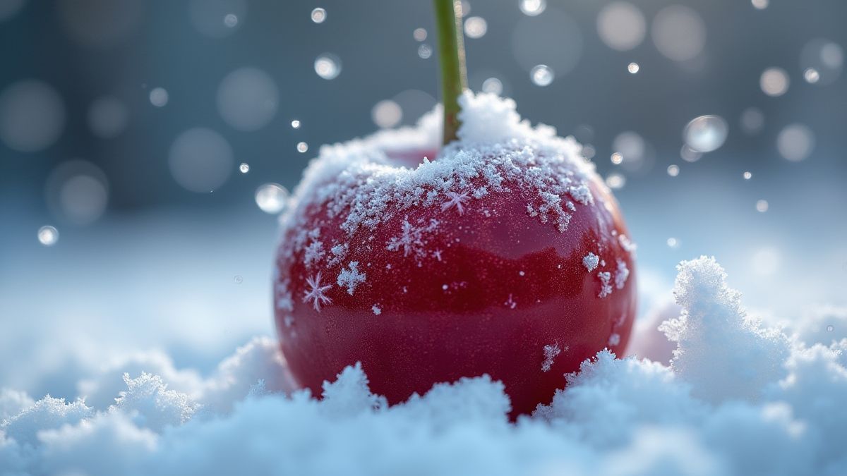 Eingefrorene Kirsche umgeben von Schneeflocken.