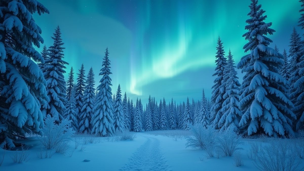 Bosque helado con árboles cubiertos de nieve y auroras en el horizonte