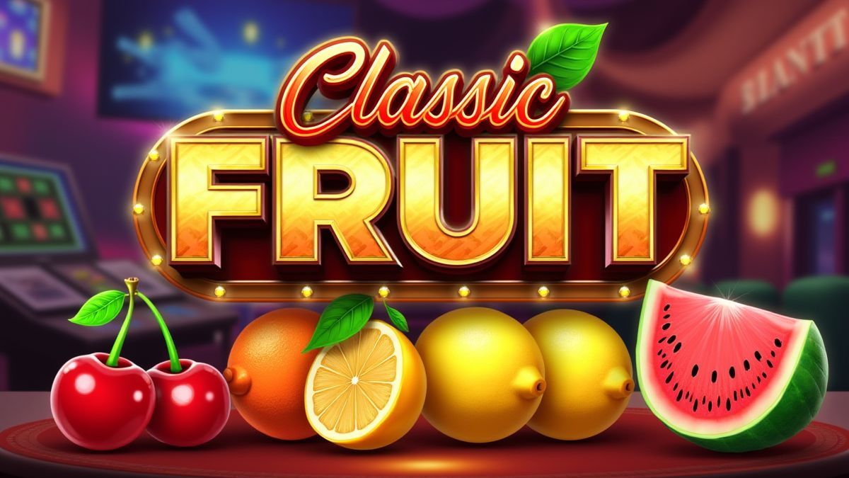 Classic fruit design in a vibrant casino background.