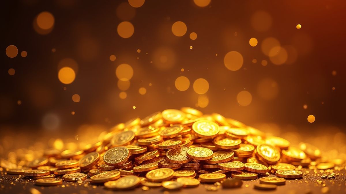 Golden coins and jackpot banners in a casino-themed backdrop.