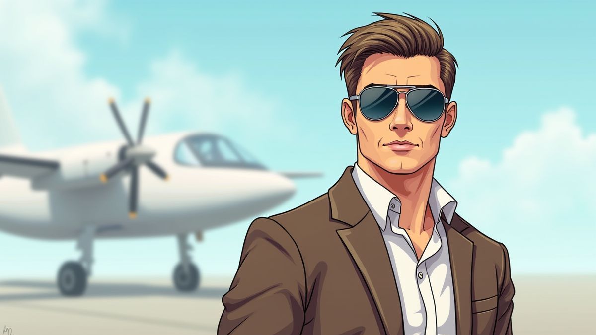 Pilot with aviator glasses in front of an airplane.