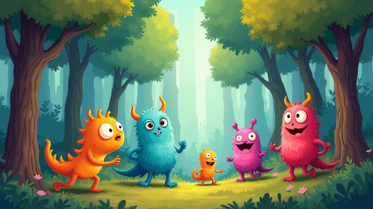 Levendig bos met monsters die spelen