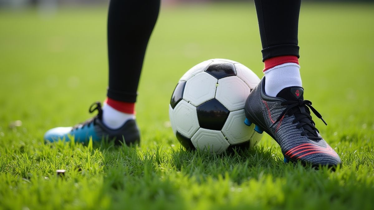Football boots and ball on the grass.