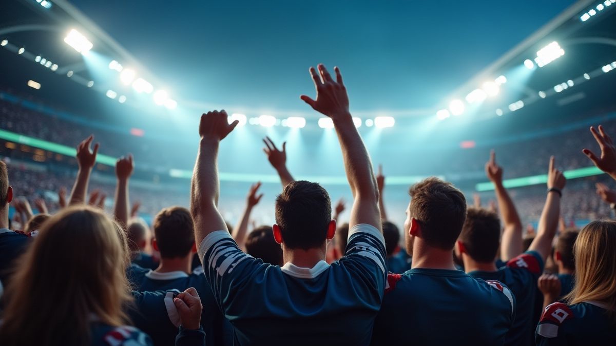 Fans cheering in a lit stadium.