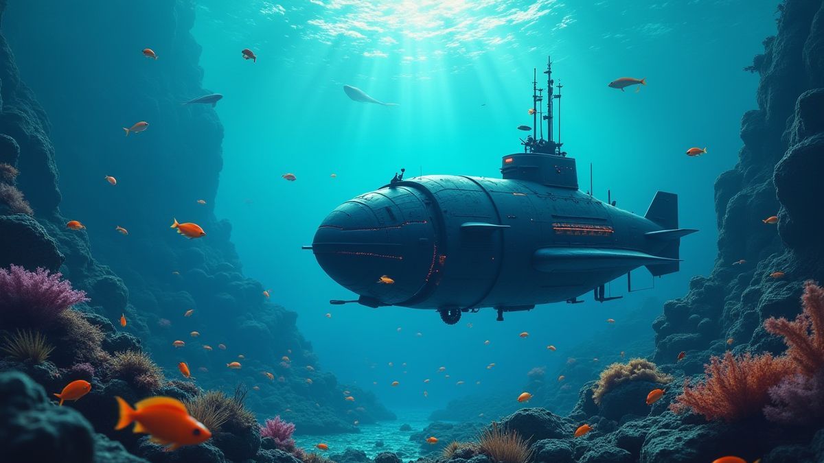 Submarino explorando uma cidade submarina