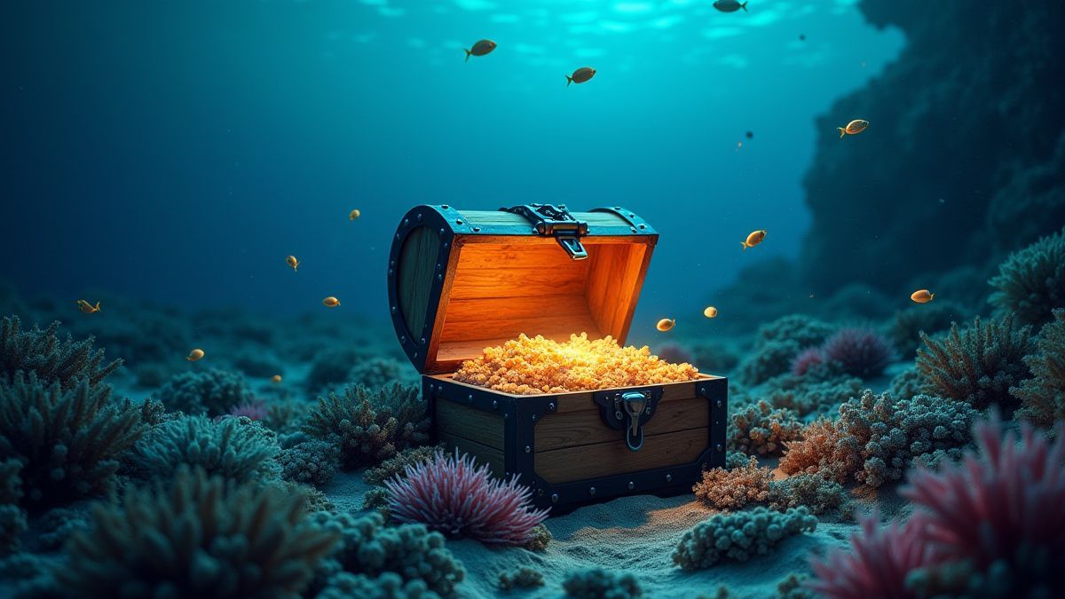 Cofre do tesouro submarino rodeado de vida marinha
