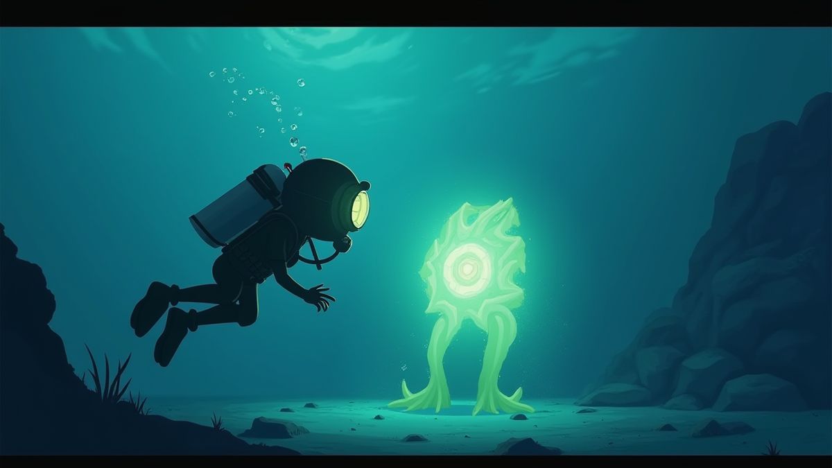 Mergulhador descobrindo um artefato submarino brilhante