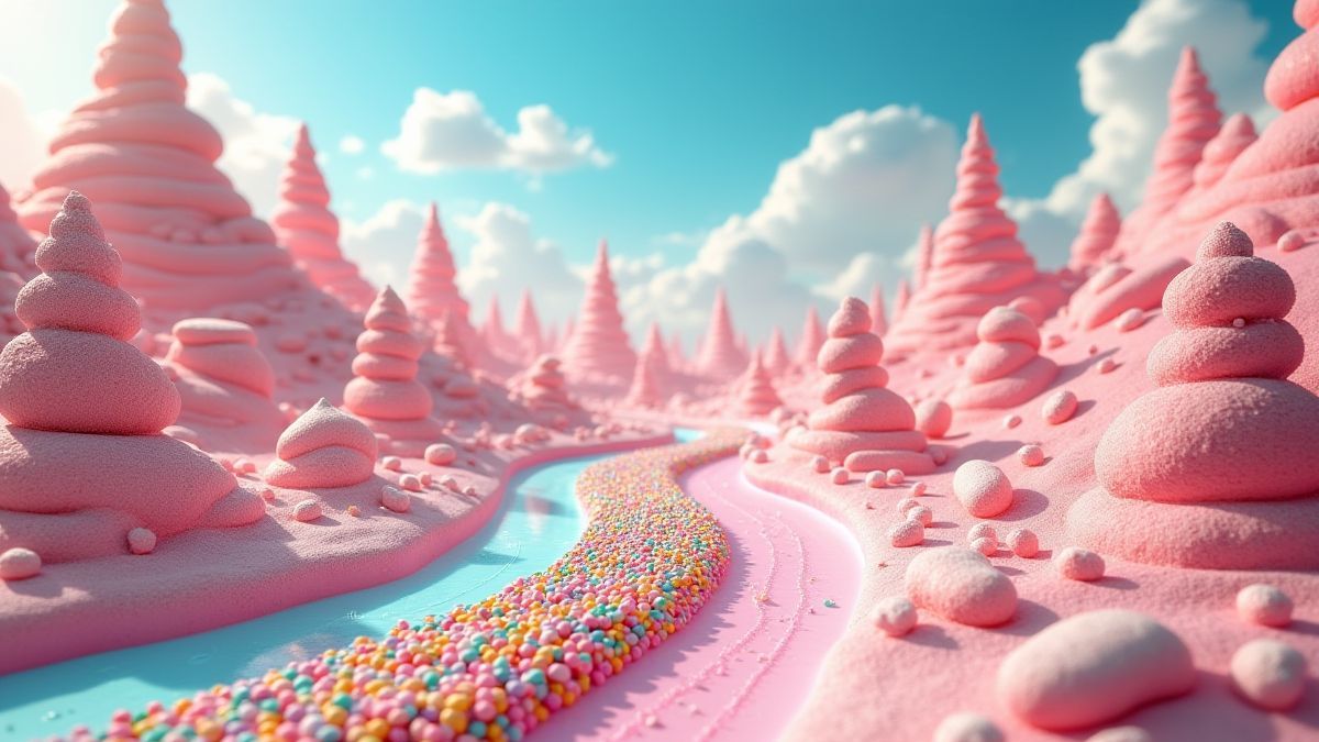 Paisaje de Candyland con caminos de malvavisco y fuentes de chocolate.