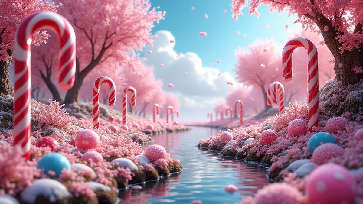 Paisaje mágico lleno de bastones de caramelo, gominolas y ríos de chocolate.