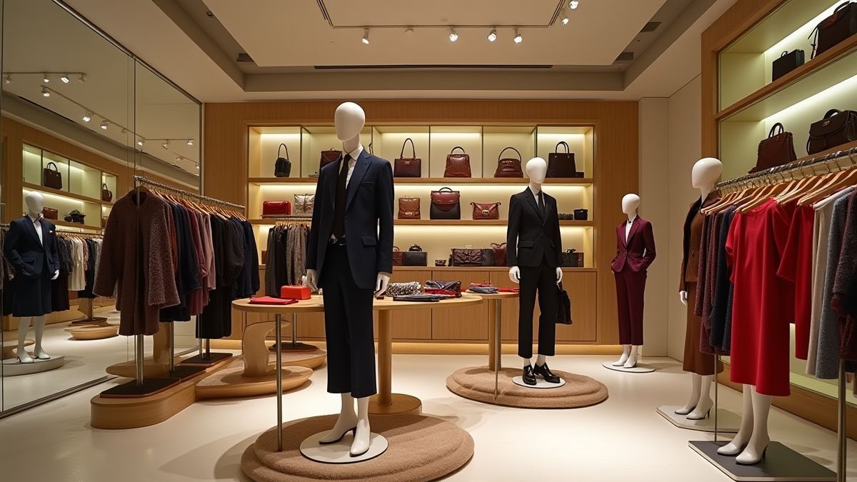Interior de una boutique de lujo con moda de alta gama.