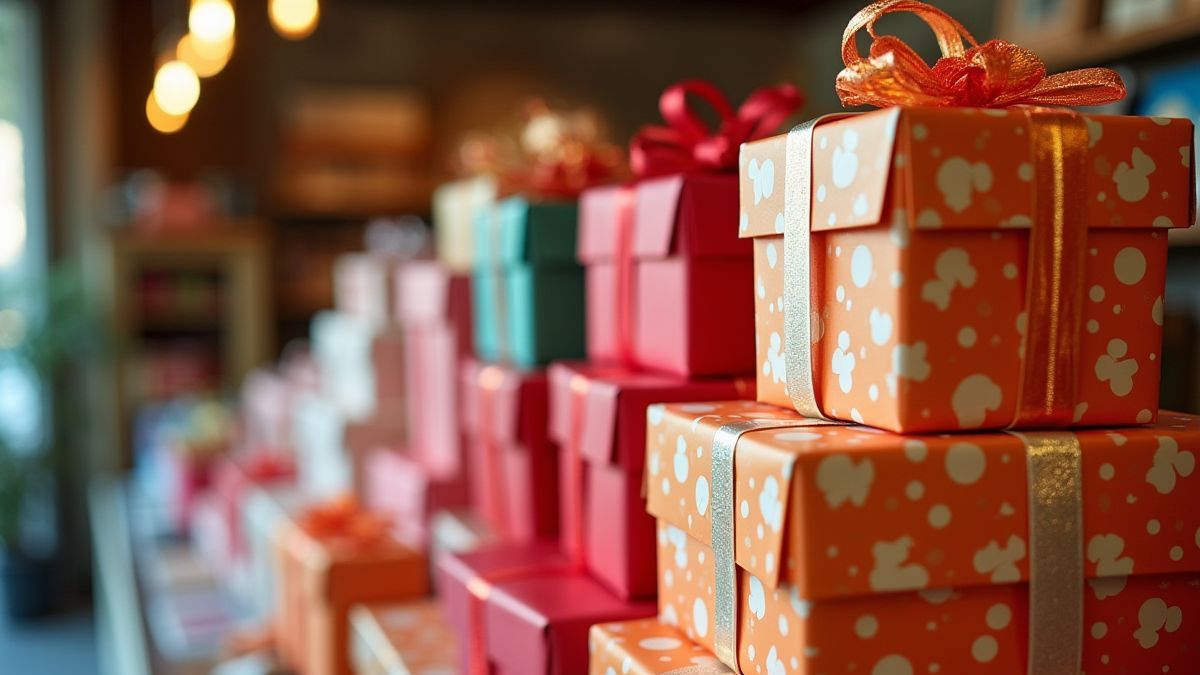 Cajas de regalo coloridas apiladas en una boutique.